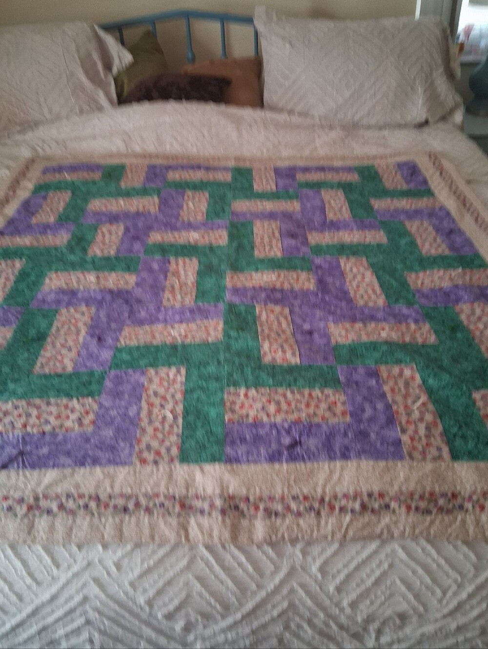 Tender Loving Care Quilted Bedspread in Purple, Green, and Cream - Mel McGlothin